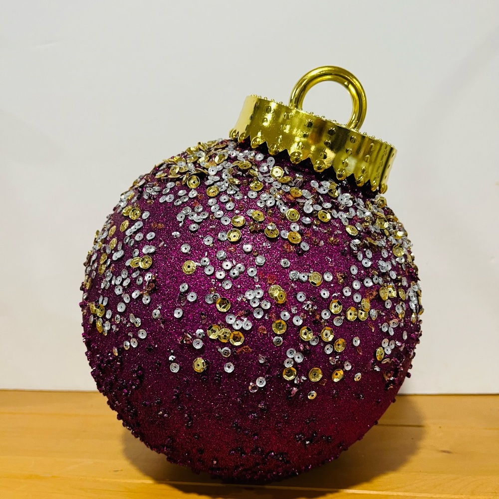 Large Purple Sequined Round Christmas Ornament Unique Gift Box Twist Off Lid